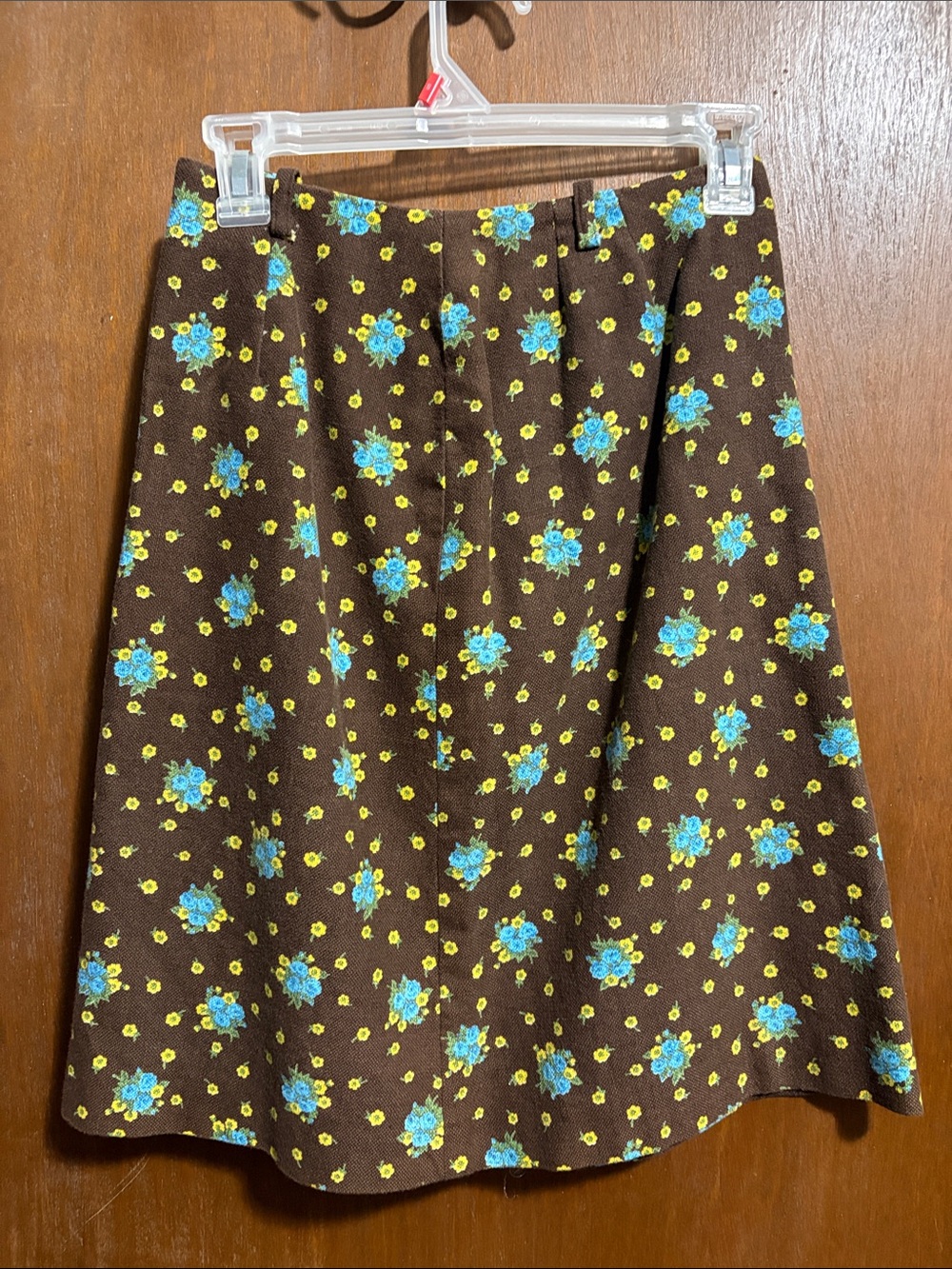 Vintage 60’s-Floral A-Line Brown Skirt with Blue & Yellow Print